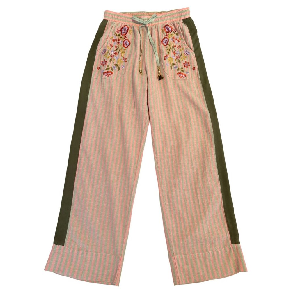 SMALL Aratta Silent Journey Boho Seven Hills Embroidered Stripe Wide Leg Pants - Picture 2 of 14